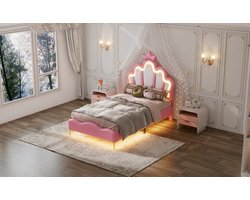 Zubaliya Prinsessenbed 90x200 cm Roze – Kinderbed met LED Verlichting, Kroon Design, PU Lederen Eenpersoonsbed voor Meisjes met Lattenbodem