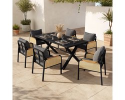 Zubaliya Tuin Eetset - 6-delig - X-vormig IJzeren Frame - WPC Tafelblad - Gevlochten Armleuningen