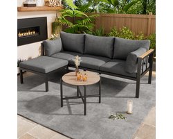 Zubaliya Tuin Hoekset - Grijs - Verzinkt Stalen Frame - Glazen Tafel met Houtnerf - Incl. Voetenbank