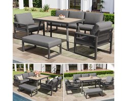 Zubaliya Tuin Lounge Set - 6/7 Zitplaatsen Grijs - Groot Esstafel - Hoog-elastische Kussens - Gevlochten Zeil