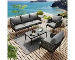 Zubaliya Tuin Loungeset - 4-delig Grijs - 3-zits & 2 Fauteuils - Handgeweven Zeil - Verzinkt Staal - Glazen Tafel