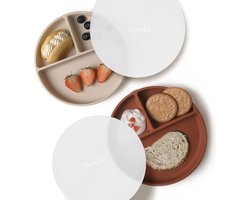 Zuignapborden voor baby's en peuters, BPA-vrije gedeelde borden van siliconen met deksel, magnetron- en vaatwasmachinebestendig, verpakking van 2 stuks (Shifting Sand/Croissant)