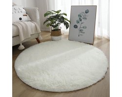 Zuiver wit woonkamerkleed, rond kleed, 120 cm - hoogpolig slaapkamerkleed - zacht en pluizig kleed