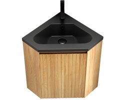 ZURI 38cm wandgemonteerde badkamermeubel met matzwarte harsgeïntegreerde wastafel, driehoekige multiplex kasten met strepen, voor hoeken, één deur, voorgemonteerd, natuurlijke houtnerfkleur