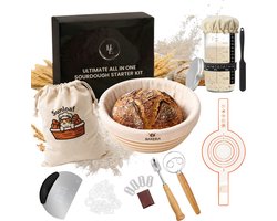 Zuurdesem Starter Kit Compleet – Sourdough Starter Set – Banneton Rijsmandje Broodbakken – Fermentatiepot met Thermometer – Deegmesje – Deegschraper – Deense Deegklopper – Siliconen Bakmat – Broodzak – Broodbak Accessoires