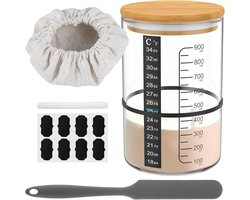 Zuurdesem Starter Set - Zuurdesem - Zuurdesem Pot 900 Ml Zuurdesem-Startpottenset Met Houten Deksel, Rubberen Band, Thermometerpapier, Silliconen Spatel Stoffen Hoed, Etiket En Pen Zuurdesemglas Voor Het Bakken Van Zuurdesembrood - 8-Delige
