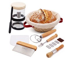 Zuurdesem Starterset – Complete Broodbakset met Rijsmand 23 cm – Glazen Starterpot – Deense Deeggarde – Deegschrapers – Broodmesje – Bakset voor Zuurdesembrood