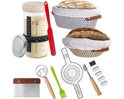 Zuurdesem starterset - rijsmand set met glazen pot van 700 ml, rond rijsmandje met voering en deksel - complete brood bakset voor zuurdesembrood