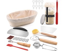 Zuurdesemstarterset, opvouwbare siliconen rijsmand voor brood, ovaal 25 cm, rotan, complete set bakaccessoires, cadeau voor beginners en ervaren bakkers, met glazen zuurdesemstarter.
