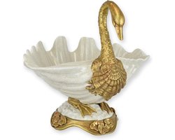 Zwaan schaal wit - Porseleinen schaal - Bronzen decoratie - 25,3 cm hoog