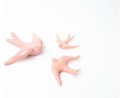 Zwaluw - licht roze - keramiek - set van 3 - muurdecoratie - Portugal -decoratieve accessoires - decoratie woonkamer - verjaardag cadeau vrouw