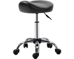 Zwart Afmetingen 48 x 48 x 54–69 cm in hoogte verstelbare draaikruk met wielen, ergonomische zitting met zacht schuim en onderhoudsvriendelijk kunstleer, 360° draaibaar voor maximale bewegingsvrijheid, ontworpen voor salon-