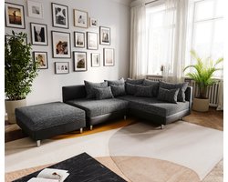 Zwart Clovis hoekbank met hocker ottomane rechts hoekbank Modulair