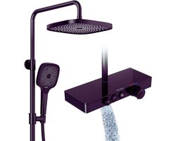 Zwart Douchesysteem Met Thermostaat & Glazen Plank – Complete Set Met 26x26 cm Regendouche, Handdouche (3 Straalsoorten) & Onderuitloop