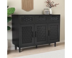 Zwart Dressoir met 3 Lades & 3 Deuren - Keukenkast met Rotanpatroon, 107.9x40x80cm, Ruime Opbergruimte