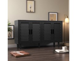 Zwart Dressoir met 4 Deuren & Rotanpatroon - Keukenkast met Verstelde Planken, 140x40x80cm, Ruime Opbergruimte