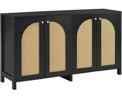 Zwart dressoir met vier kunstrotan deuren - Minimalistische buffetkast van MDF en spaanplaat - Verstelbare legplanken - Woonkamer en eetkamer