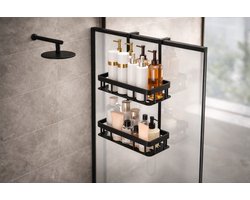 Zwart Dubbellaags Hangend Doucherek – Douchemandje voor Deur of Douchewand – Badkamer Organizer zonder Boren