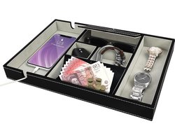 Zwart Faux Lederen Valet Dressoir-Nachtkast Organizer Tray met 6 Compartimenten - Bureau Opslag Doos voor Beurs Telefoon Sleutel Sieraden Mannen Accessoires Geld Armbanden - Allesvanger