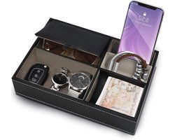 Zwart Faux Leren 5 Compartimenten Valet Nachtkastje Organizer Tray – Bureau Opslag Doos Voor Beurs Telefoon Sleutels Sieraden Accessoires Geld Armbanden – Allesvanger Naast het Bed