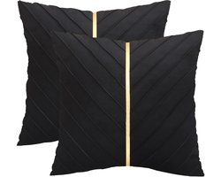 Zwart fluwelen kussenslopen, set van 2 stuks, met goudkleurig leer, decoratieve bankkussenhoes, luxe, moderne kussenslopen voor woonkamer, slaapkamer, bankkussens, bed, zwart, 18 x 18 cm, set