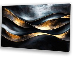 Zwart gouden abstracte golven - Goud canvaskunst - Wanddecoratie canvas golven - Abstracte kunst - Wanddecoratie industrieel - Woondecoratie - Canvas 100x75 cm