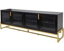 Zwart-gouden TV-Kast 180x40x60 cm modern luxe tv-meubel met glazen deuren en metalen poten