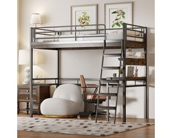 Zwart hoogslaapbed 90x200 cm, zonder matras, met bureau, planken, hekwerk, ladder en metalen frame.
