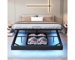 Zwart Hydraulisch Opbergbed 160x200 cm – Tweepersoonsbed met LED Sfeerverlichting & Ruime Opberglades