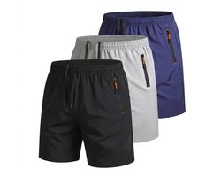 Zwart Lichtgrijs Donkerblauw sport shorts heren quick dry korte broek met rits zakken ademend hardloop shorts fitness casual outdoor set 3 stuks maat XXL