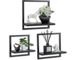 zwart, metaal, set van 3, vierkante wandplanken, hout, moderne wanddecoratie voor woonkamer, badkamer, slaapkamer, hoek