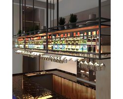 Zwart Metalen Plafond Wijnrek - Industriële Hangende Flessenhouder voor Wijn en Glazen