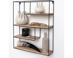 Zwart metalen wandrek industrieel met 4 houten plankjes - Rechthoek - 55x45x11 cm