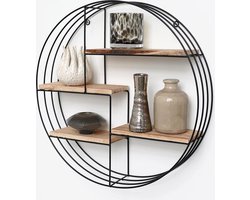 Zwart metalen wandrek industrieel met 4 houten plankjes - Rond - 50x11 cm