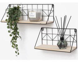 Zwart metalen wandrek industrieel set van 2 houtenplankjes - 30 & 45 cm