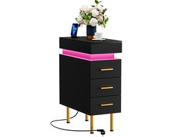 Zwart nachtkastje - smal nachtkastje - 3 lades - verlichting - afstandsbediening - verstelbare Bluetooth-lichtstrip - 1 stopcontact/2 USB-poorten - houten nachtkastje met oplaadstation - geschikt voor slaapkamers en woningen - Europese stekker