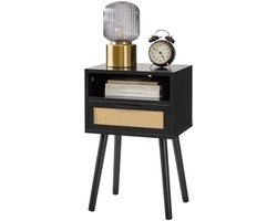 Zwart Rotan Nachtkastje met Lade en Open Plank - Boho Stijl Bijzettafel voor Slaapkamer en Woonkamer - Multifunctioneel Meubel voor Kleine Ruimtes