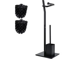 Zwart Toiletrolhouder Wc Set 22X18X70 Cm Roestvrij Staal Sterke Glazen Basis Plus Vervangende Toiletborstelkoppen