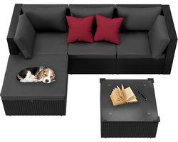 Zwart Tuinmeubelset Polyrotan Lounge met 3-Zitsbank, Stoel, Kruk & Tafel, Balkonmeubel Zitgroep, Tuinbank met Zitkussen, Weerbestendig Outdoor Meubels voor Terras/Tuin , NAIZY