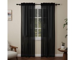 Zwart Tule Gordijnen 2 Stuks - 132x270 cm - Tunnel Voor Gordijnroede - Semi-Transparant & Privacy - Voor Woonkamer, Keukens & Slaapkamer