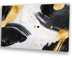 Zwart-wit met gouden details - Abstract schilderij - Schilderij op canvas strepen - Abstracte kunst - Woonkamer decoratie industrieel - Woonaccessoires - canvas 45x30 cm