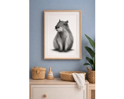 Zwart Wit Poster A3 Capibara – Dierenposter Kinderkamer – 29,7x42 cm – Kraamcadeau – 300g Mat Papier – Lieve Posters