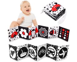 Zwart-wit stoffen boek - Prentenboek van stof - Zwart-wit dubbelzijdig stoffen babyboek - Babyspeelgoed 0-6 maanden - Speelgoed voor leren over waarneming - Cadeaus voor baby's - Alfabet & Transportstijl - Krab