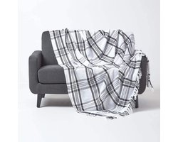 Zwart-witte handgeweven plaid met franjes - 150 x 200 cm - 100% katoen