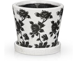 Zwart-witte keramische plantenpot met afvoergat en schotel, bloempot van 14 cm voor binnen en buitenplanten, crackle glazuur porseleinen plantenbak voor kamerplanten, vetplanten, kruiden en