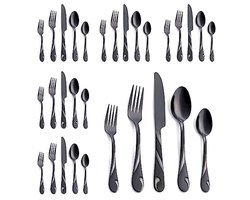 Zwart Zilveren Servieset voor 6 Personen - 30-delige Roestvrij Stalen Bestekset