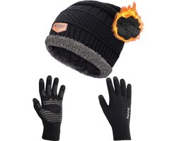 Zwarte 2 Stks (Muts + Handschoenen) Winter Warm Gebreide Slouch Beanie Muts Skiën Nekwarmer Sjaal Handschoenen Reeks met Dubbellaags Fleece Voering voor Mannen Dames