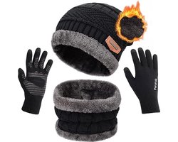 Zwarte 3 Stks (Muts + Sjaal + Handschoenen)Winter Warm Gebreide Slouch Beanie Muts Skiën Nekwarmer Sjaal Handschoenen Reeks met Dubbellaags Fleece Voering voor Mannen Dames.
