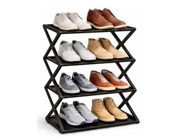 Zwarte 4-laags Schoenenrek - Dunne Opvouwbare Schoenenkast met Metalen Frame & Stoffen Planken - Gereedschapsvrij Montage, Geschikt voor Kasten & Gang, Ruimtebesparend voor 8 Paar Schoenen