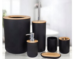 Zwarte 6-in-1 Badkamer Set met Toiletaccessoires en Prullenbak